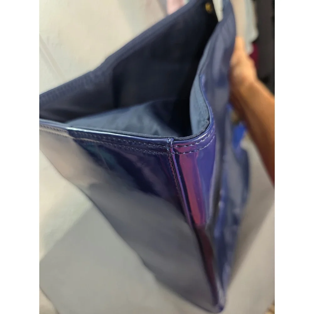 Tory Burch Ella Tote Bag Women Large Navy Blue Excellent Nylon Patent Leather